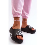  women`s foam slippers with a solid sole with a teddy bear, black lamira