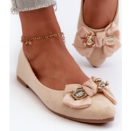  women`s eco suede ballerinas with bow and brooch, light beige satris