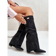  fb2 women`s eco suede boots with rolled shaft on heel black bralise