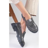  mio gusto casey gray color patent leather thick soled women`s loafers.