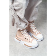  ni̇şantaşi shoes rosetta beige linen ankle high thick sole women`s lace-up sneakers