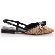  dgn 6008 women`s straw ballerina sandals with back tie and gold buckle detail, black patent leather