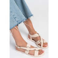  ni̇şantaşi shoes holla beige matte belt detail flat sole women`s sandals