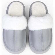  shoeberry women`s fluff gray faux leather matte fur inside flat sole house slippers