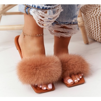 leather slippers with eco fur camel σε προσφορά