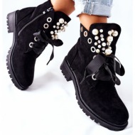  suede boots with pearls and ribbon black perla