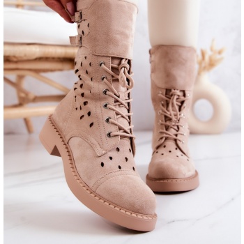 suede openwork ankle boots light beige