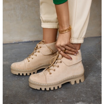 suede trapper boots tiered light beige σε προσφορά