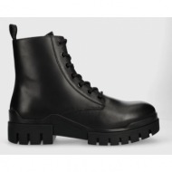  δερμάτινα παπούτσια calvin klein jeans transp combat mid laceup lth χρώμα: μαύρο, ym0ym00755