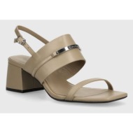  δερμάτινα σανδάλια calvin klein heel sandal 45 met bar lth χρώμα: μπεζ, hw0hw02056