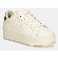  δερμάτινα αθλητικά παπούτσια tommy jeans tjw flatform sneaker metallic χρώμα: μπεζ, en0en02711