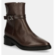  δερμάτινες μπότες calvin klein heel ankle boot 30 w/hw lth γυναικείες, χρώμα: καφέ, hw0hw02183