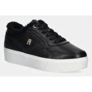  δερμάτινα αθλητικά παπούτσια tommy hilfiger essential platform sneaker fur χρώμα: μαύρο, fw0fw08349