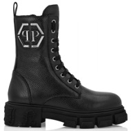  philipp plein μποτακι empossed leather boots mid flat logo μεταλλικο μαυρο