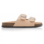 παντόφλες  nude δερματίνη με διπλή φάσα και αγκράφες nude