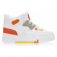 sneakers   λευκά δερματίνη με πορτοκαλί λεπτομέρειες και κορδόνια πορτοκαλι
