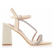 πέδιλα  μπεζ υφασμάτινα με φάσα από λουράκια και λοξό λουράκι από στρας μπεζ