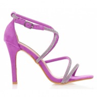 πέδιλα  μωβ σουέτ με πολλαπλά λουράκια από στρας μωβ