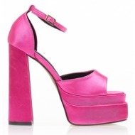 πέδιλα  ροζ σατέν δίπατα με λουράκι στον αστράγαλο και χοντρό τακούνι ροζ