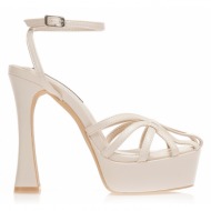 πέδιλα  μπεζ δερματίνη με πολλαπλά λουράκια στην φάσα και ιδιαίτερο τακούνι μπεζ