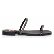 παντόφλες χειροποίητα  ανθρακί από αναγεννημένο δέρμα με διπλή φάσα από στρας ατσαλι