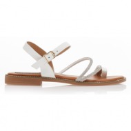 σανδάλια  λευκά δερματίνη λουράκια από στρας και σχέδιο δαχτυλίδι λευκο