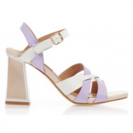 πέδιλα  λιλά και λευκά δερματίνη με σχέδιο χιαστί στη φάσα και ιδιαίτερο τακούνι λιλα