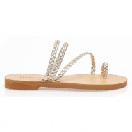 παντόφλες χειροποίητα  χρυσά από αναγεννημένο δέρμα με λουράκια πλεξούδας και σχέδιο δαχτυλίδι χρυσο