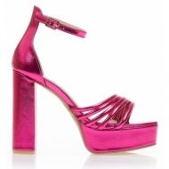 πέδιλα  φούξια μεταλλιζέ δερματίνη με λοξή φάσα από πολλαπλά λουράκια φουξια