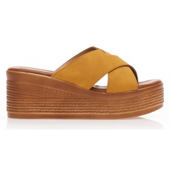 πλατφόρμες mules κάμελ σουέτ με χιαστί σε προσφορά