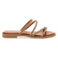 παντόφλες  κάμελ δερματίνη με πολλαπλά λουράκια από στρας καμελ