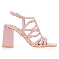 πέδιλα  ροζ δερματίνη με σχέδιο από πολλαπλά λουράκια και μεταλλική λεπτομέρεια στο τακούνι ροζ