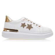 sneakers  λευκά δερματίνη με χρυσές λεπτομέρειες και σχέδιο με στρας χρυσο
