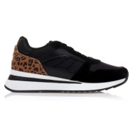 sneakers  μαύρα δερματίνη με σουέτ και animal print λεπτομέρειες μαυρο