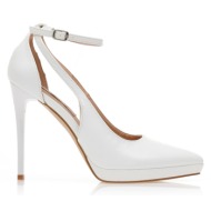 γόβες  λευκές δερματίνη με φιάπα και λουστρίνι τακούνι λευκο