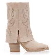 μποτάκια  μπεζ σουέτ cowboy με αναδιπλούμενη φάσα και σχέδιο απο στρας μπεζ