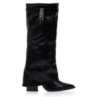 μπότες  μαύρες δερματίνη cowboy με εφέ αναδιπλούμενης φάσας και αγκράφα μαυρο