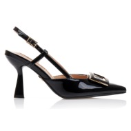 γόβες   μαύρες λουστρίνι με αγκράφα και ιδιαίτερο τακούνι μαυρο