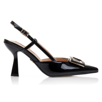 γόβες mules μαύρες λουστρίνι με αγκράφα σε προσφορά