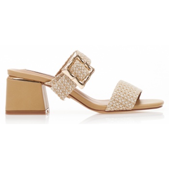 mules μπεζ δερματίνη με πλεκτή φάσα και σε προσφορά