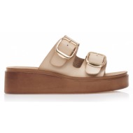 παντόφλες flatforms μπεζ δερματίνη με ρυθμιζόμενη φάσα μπεζ