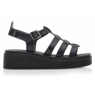 πέδιλα flatforms μαύρα δερματίνη με πολλαπλά λουράκια μαυρο