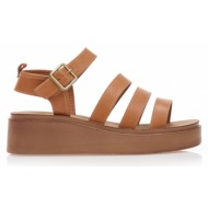 πέδιλα flatforms κάμελ δερματίνη με πολλαπλά λουράκια καμελ