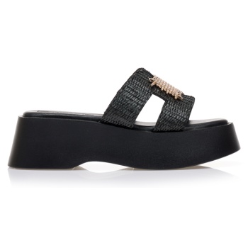 flatforms μαύρα δερματίνη με ψάθινη σε προσφορά