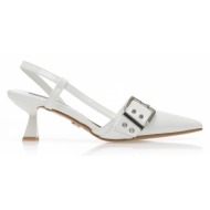  γόβες mules λευκές λουστρίνι με διακοσμητικό λουράκι λευκο