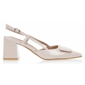 γόβες mules μπεζ λουστρίνι με αγκράφα σε προσφορά