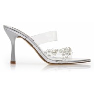  mules ασημί δερματίνη με διαφάνεια και πέρλες ασημι