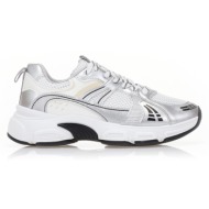  αθλητικά λευκά υφασμάτινα με ασημί δερματίνη λεπτομέρειες και chunky σόλα ασημι