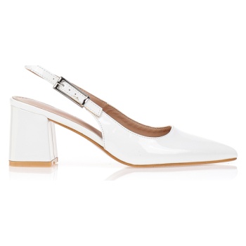 γόβες λουστρίνι με χοντρό τακούνι λευκο σε προσφορά