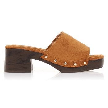 πέδιλα mules σουέτ με τρουκς καμελ σε προσφορά